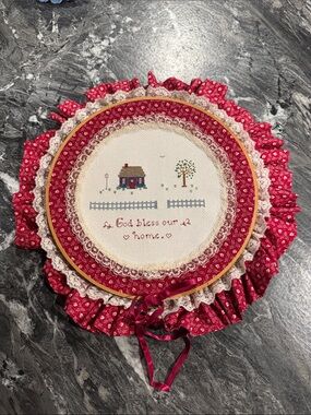 Handmade Red Prarie-Style Cross Stitch Hoop Art